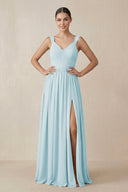 Chiffon A - Line Pleated Bridesmaid Dress in Sky Blue - KissProm Bridesmaid Dresses