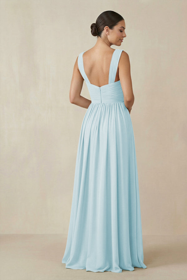 Chiffon A - Line Pleated Bridesmaid Dress in Sky Blue - KissProm Bridesmaid Dresses