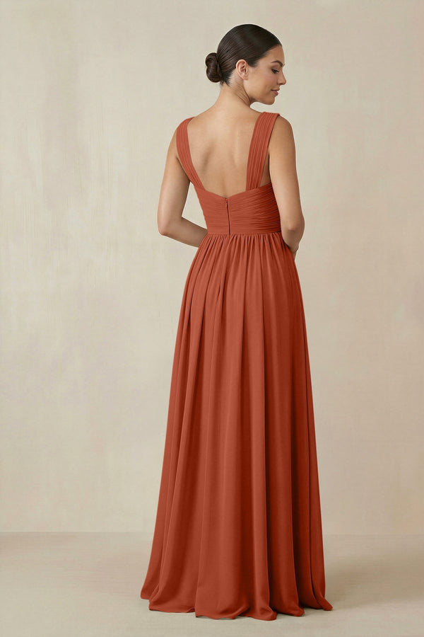 Chiffon A - Line Pleated Bridesmaid Dress in Spice - KissProm Bridesmaid Dresses