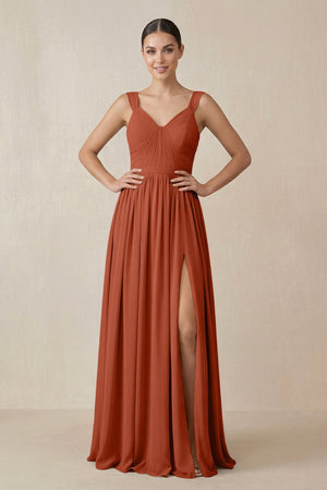 Chiffon A - Line Pleated Bridesmaid Dress in Spice - KissProm Bridesmaid Dresses
