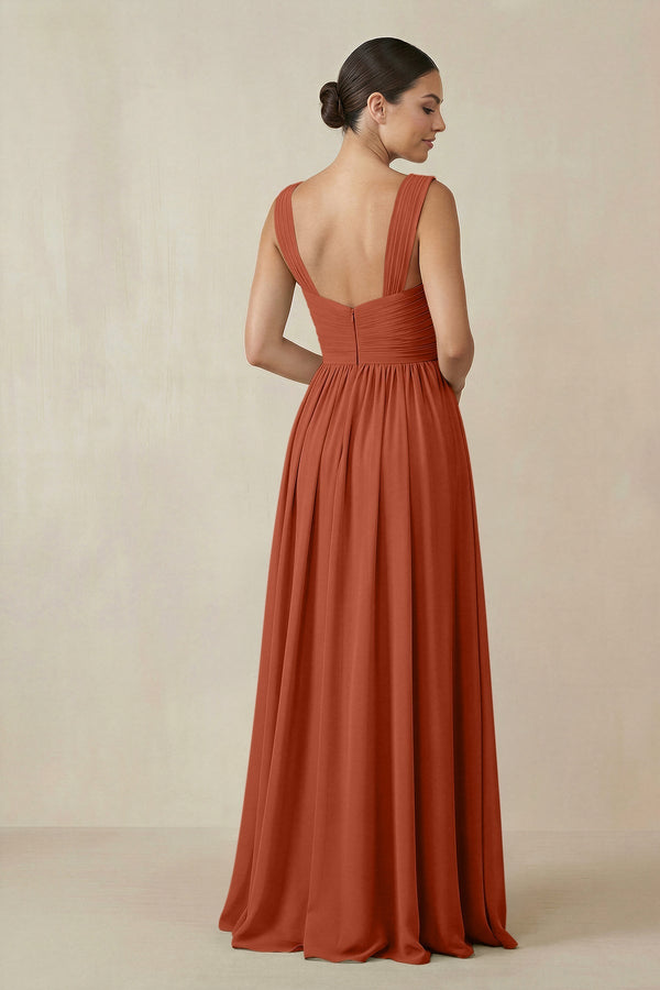 Chiffon A - Line Pleated Bridesmaid Dress in Spice - KissProm Bridesmaid Dresses