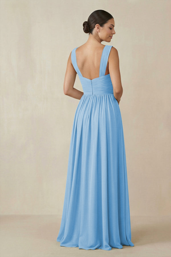 Chiffon A - Line Pleated Bridesmaid Dress in Steel Blue - KissProm Bridesmaid Dresses