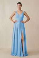 Chiffon A - Line Pleated Bridesmaid Dress in Steel Blue - KissProm Bridesmaid Dresses