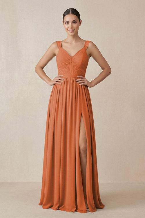 Chiffon A - Line Pleated Bridesmaid Dress in Terracotta - KissProm Bridesmaid Dresses