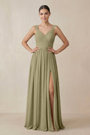 Chiffon A - Line Pleated Bridesmaid Dress in Thyme - KissProm Bridesmaid Dresses