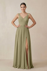 Chiffon A - Line Pleated Bridesmaid Dress in Thyme - KissProm Bridesmaid Dresses