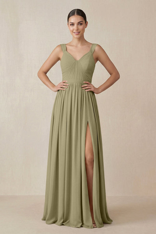 Chiffon A - Line Pleated Bridesmaid Dress in Thyme - KissProm Bridesmaid Dresses
