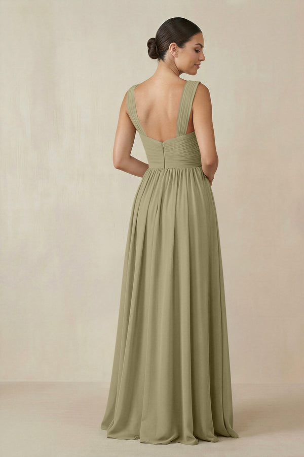 Chiffon A - Line Pleated Bridesmaid Dress in Thyme - KissProm Bridesmaid Dresses
