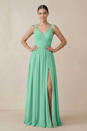 Chiffon A - Line Pleated Bridesmaid Dress in Turquoise - KissProm Bridesmaid Dresses