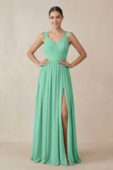 Chiffon A - Line Pleated Bridesmaid Dress in Turquoise - KissProm Bridesmaid Dresses