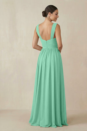 Chiffon A - Line Pleated Bridesmaid Dress in Turquoise - KissProm Bridesmaid Dresses