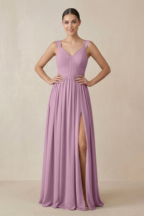 Chiffon A - Line Pleated Bridesmaid Dress in Wisteria - KissProm Bridesmaid Dresses