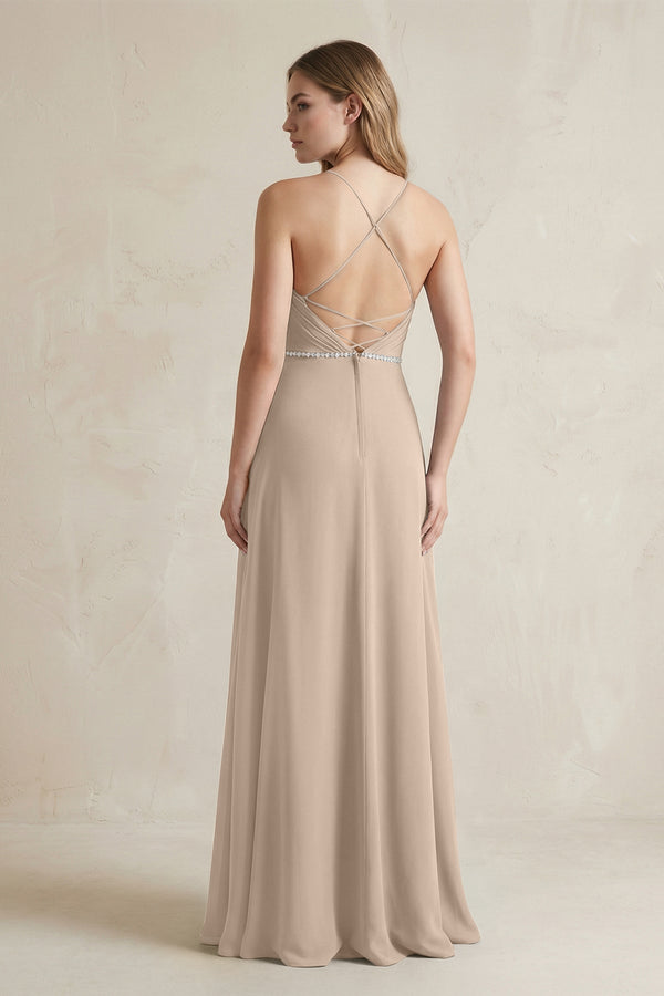Chiffon A - Line Ruched Cami Strap Bridesmaid Dress in Almond - KissProm Bridesmaid Dresses