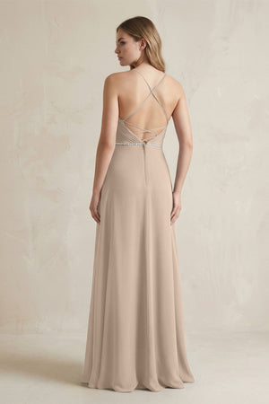 Chiffon A - Line Ruched Cami Strap Bridesmaid Dress in Almond - KissProm Bridesmaid Dresses