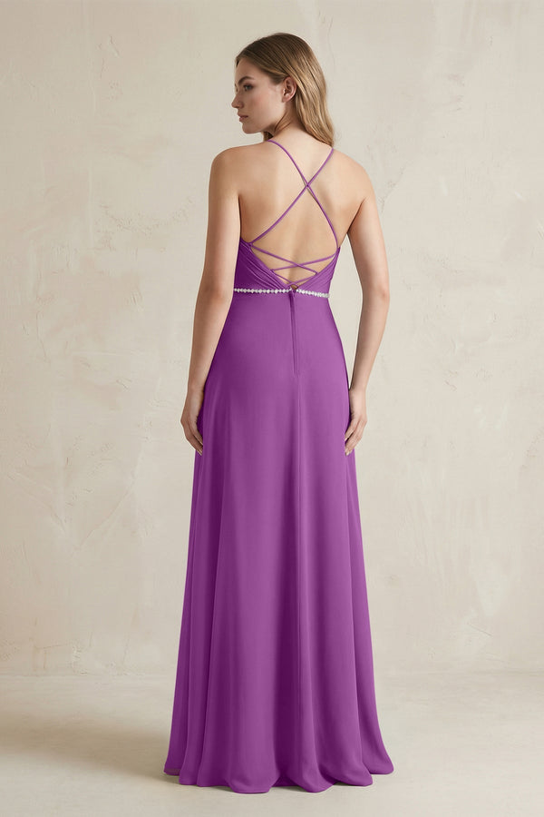 Chiffon A - Line Ruched Cami Strap Bridesmaid Dress in Amethyst - KissProm Bridesmaid Dresses
