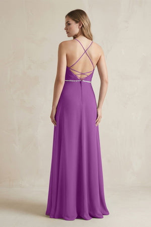 Chiffon A - Line Ruched Cami Strap Bridesmaid Dress in Amethyst - KissProm Bridesmaid Dresses
