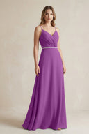 Chiffon A - Line Ruched Cami Strap Bridesmaid Dress in Amethyst - KissProm Bridesmaid Dresses
