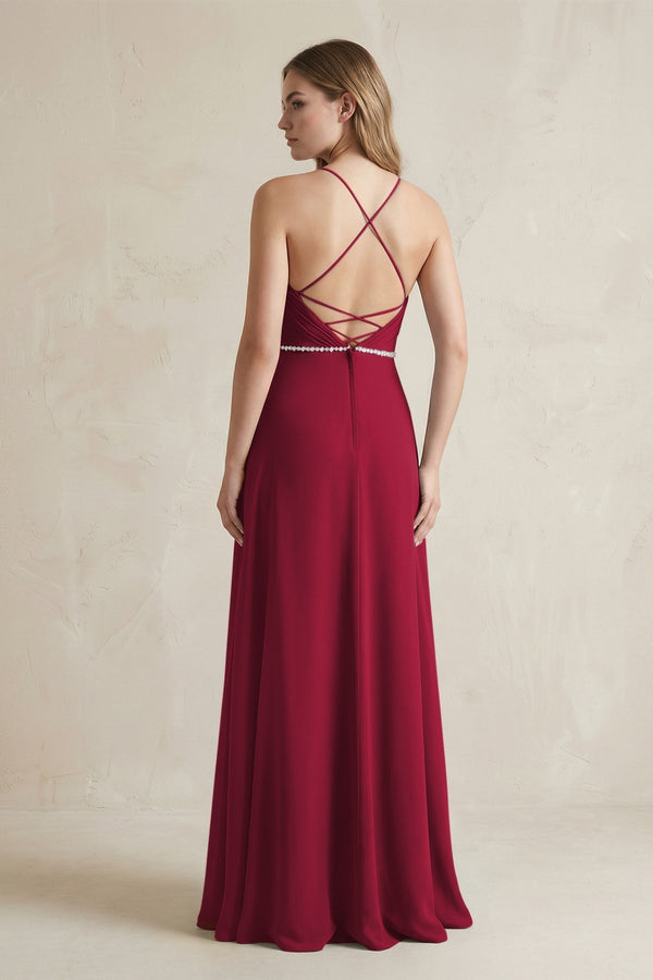 Chiffon A - Line Ruched Cami Strap Bridesmaid Dress in Berry - KissProm Bridesmaid Dresses