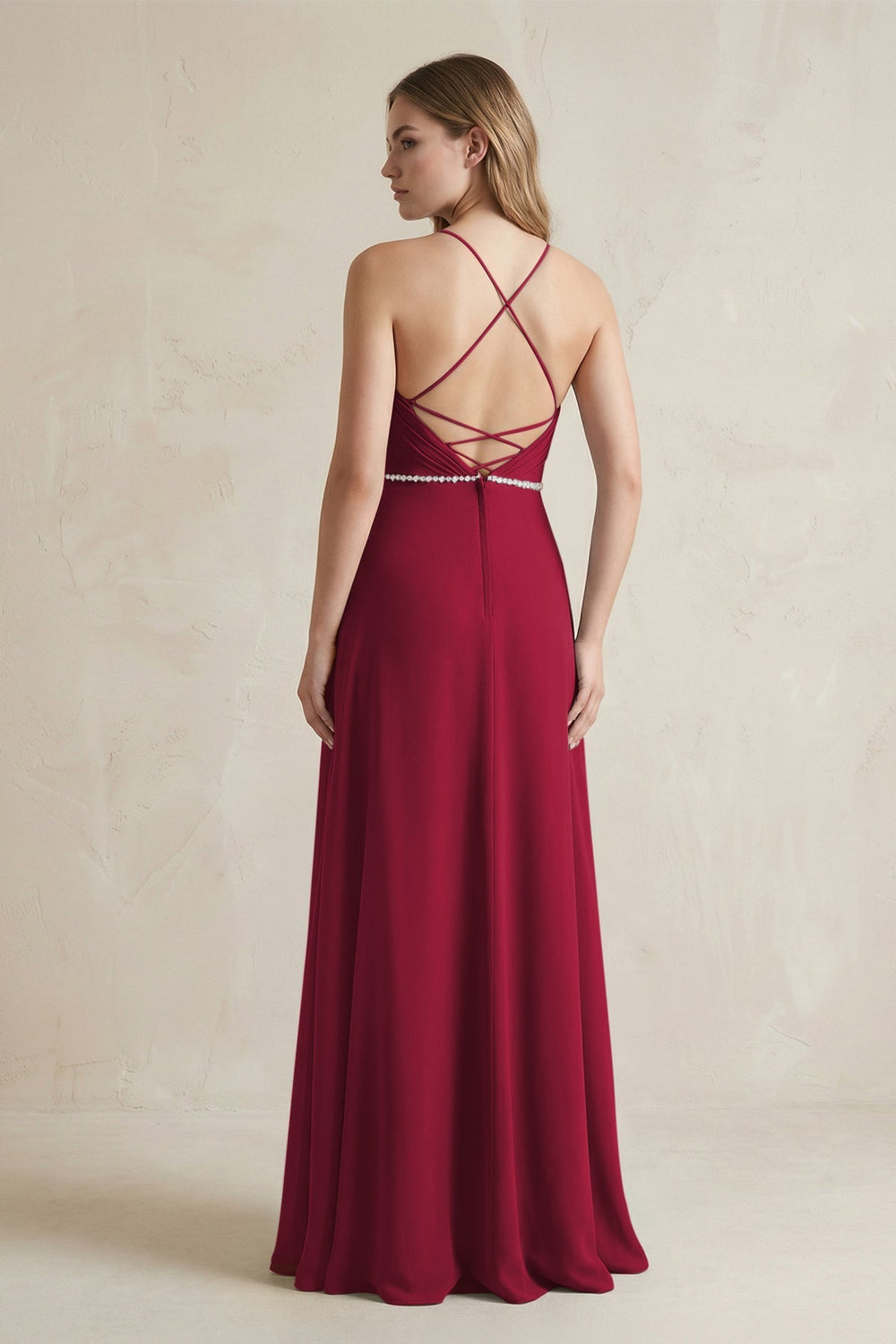 Chiffon A - Line Ruched Cami Strap Bridesmaid Dress in Berry - KissProm Bridesmaid Dresses