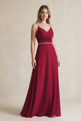 Chiffon A - Line Ruched Cami Strap Bridesmaid Dress in Berry - KissProm Bridesmaid Dresses