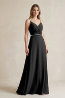 Chiffon A - Line Ruched Cami Strap Bridesmaid Dress in Black - KissProm Bridesmaid Dresses
