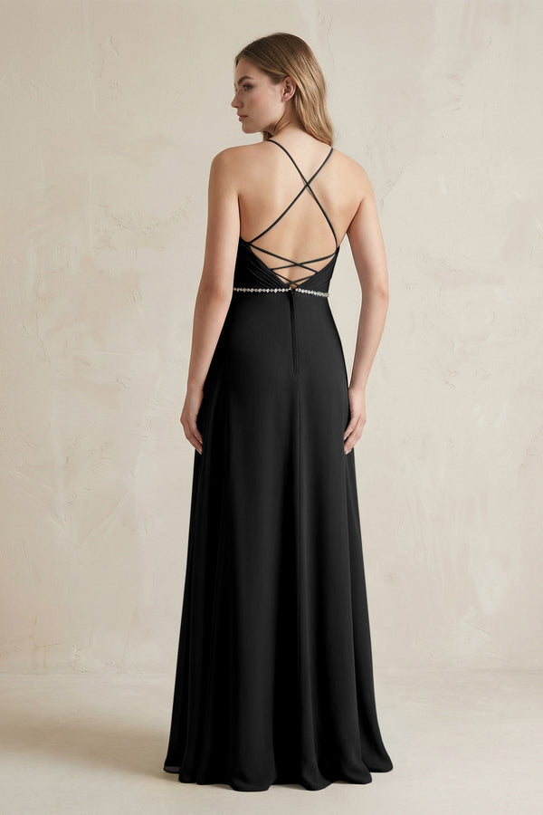 Chiffon A - Line Ruched Cami Strap Bridesmaid Dress in Black - KissProm Bridesmaid Dresses
