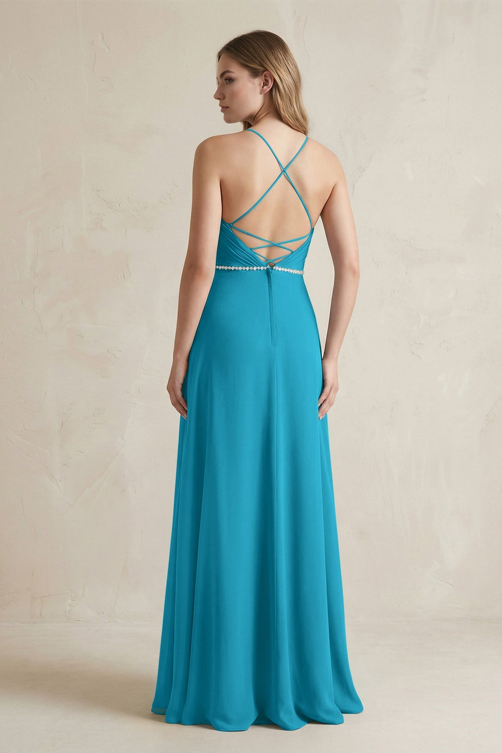 Chiffon A - Line Ruched Cami Strap Bridesmaid Dress in Blue Jay - KissProm Bridesmaid Dresses