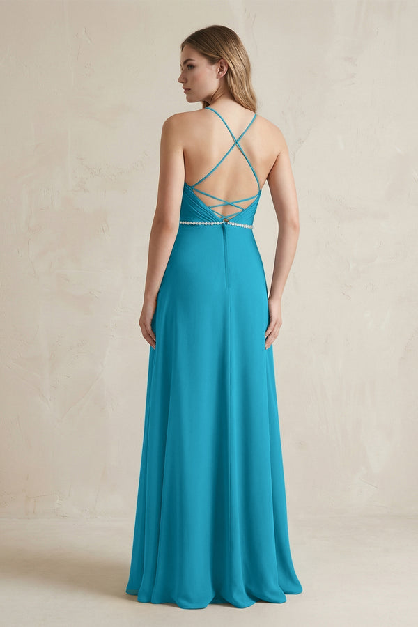 Chiffon A - Line Ruched Cami Strap Bridesmaid Dress in Blue Jay - KissProm Bridesmaid Dresses