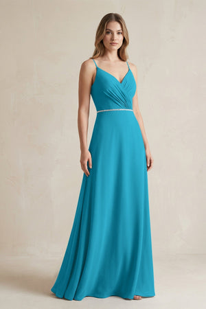 Chiffon A - Line Ruched Cami Strap Bridesmaid Dress in Blue Jay - KissProm Bridesmaid Dresses