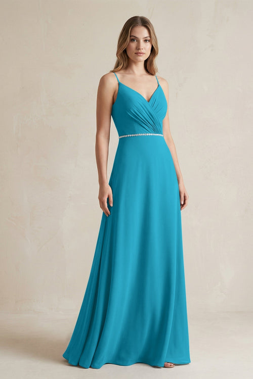 Chiffon A - Line Ruched Cami Strap Bridesmaid Dress in Blue Jay - KissProm Bridesmaid Dresses