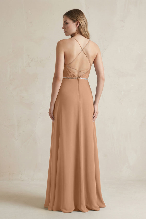 Chiffon A - Line Ruched Cami Strap Bridesmaid Dress in Bronzer - KissProm Bridesmaid Dresses