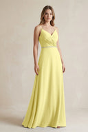 Chiffon A - Line Ruched Cami Strap Bridesmaid Dress in Buttercup - KissProm Bridesmaid Dresses