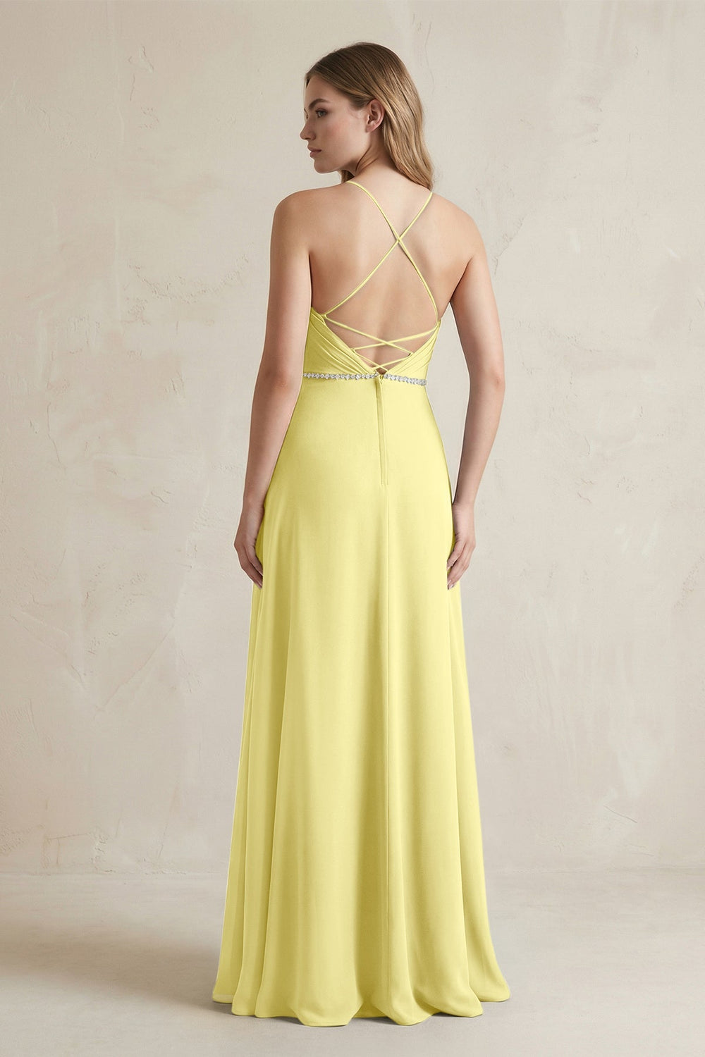 Chiffon A - Line Ruched Cami Strap Bridesmaid Dress in Buttercup - KissProm Bridesmaid Dresses