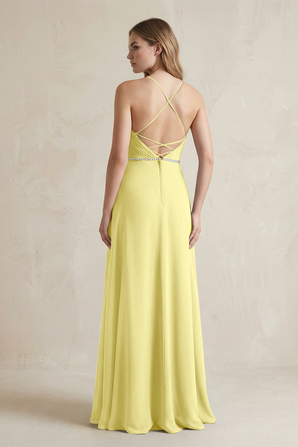 Chiffon A - Line Ruched Cami Strap Bridesmaid Dress in Buttercup - KissProm Bridesmaid Dresses