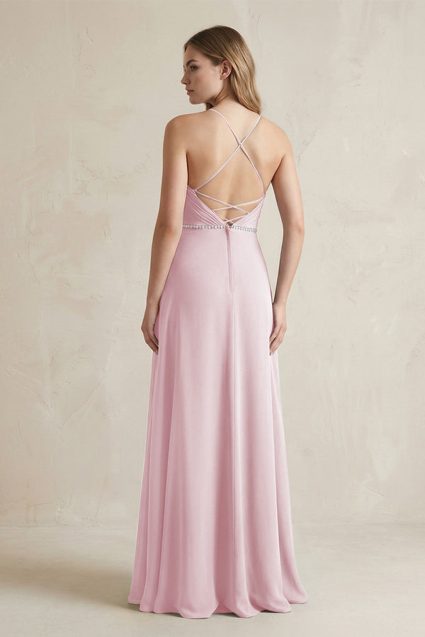 Chiffon A - Line Ruched Cami Strap Bridesmaid Dress in Candy Pink - KissProm Bridesmaid Dresses