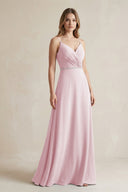 Chiffon A - Line Ruched Cami Strap Bridesmaid Dress in Candy Pink - KissProm Bridesmaid Dresses