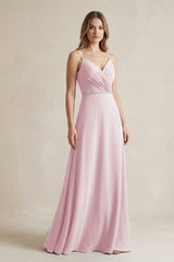 Chiffon A - Line Ruched Cami Strap Bridesmaid Dress in Candy Pink - KissProm Bridesmaid Dresses