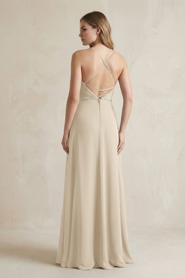Chiffon A - Line Ruched Cami Strap Bridesmaid Dress in Champagne - KissProm Bridesmaid Dresses