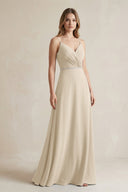 Chiffon A - Line Ruched Cami Strap Bridesmaid Dress in Champagne - KissProm Bridesmaid Dresses