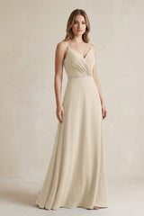 Chiffon A - Line Ruched Cami Strap Bridesmaid Dress in Champagne - KissProm Bridesmaid Dresses