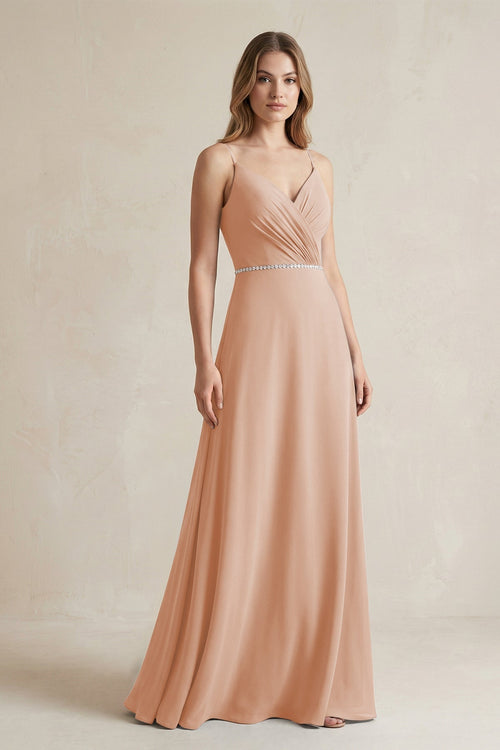 Chiffon A - Line Ruched Cami Strap Bridesmaid Dress in Champagne Rose - KissProm Bridesmaid Dresses