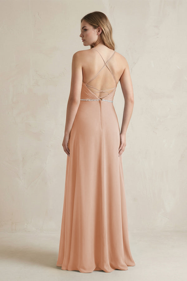 Chiffon A - Line Ruched Cami Strap Bridesmaid Dress in Champagne Rose - KissProm Bridesmaid Dresses