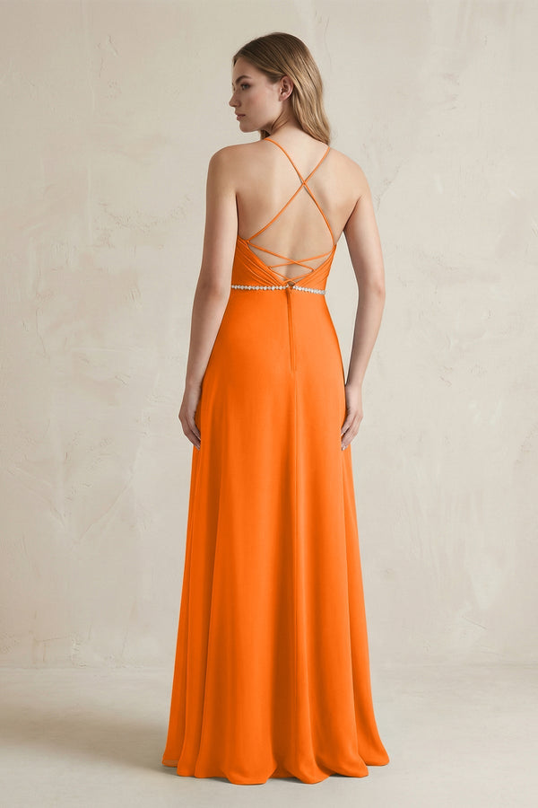 Chiffon A - Line Ruched Cami Strap Bridesmaid Dress in Cinnamon - KissProm Bridesmaid Dresses
