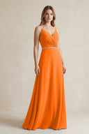 Chiffon A - Line Ruched Cami Strap Bridesmaid Dress in Cinnamon - KissProm Bridesmaid Dresses