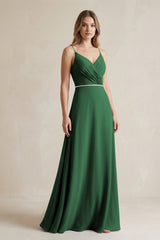 Chiffon A - Line Ruched Cami Strap Bridesmaid Dress in Dark Green - KissProm Bridesmaid Dresses