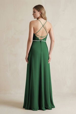 Chiffon A - Line Ruched Cami Strap Bridesmaid Dress in Dark Green - KissProm Bridesmaid Dresses