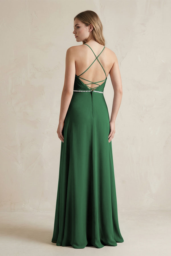 Chiffon A - Line Ruched Cami Strap Bridesmaid Dress in Dark Green - KissProm Bridesmaid Dresses