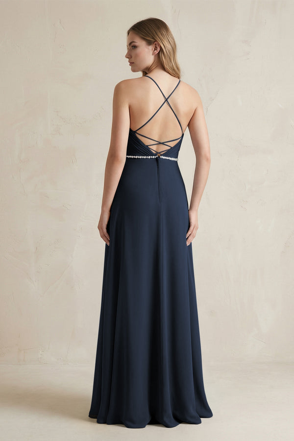 Chiffon A - Line Ruched Cami Strap Bridesmaid Dress in Dark Navy - KissProm Bridesmaid Dresses