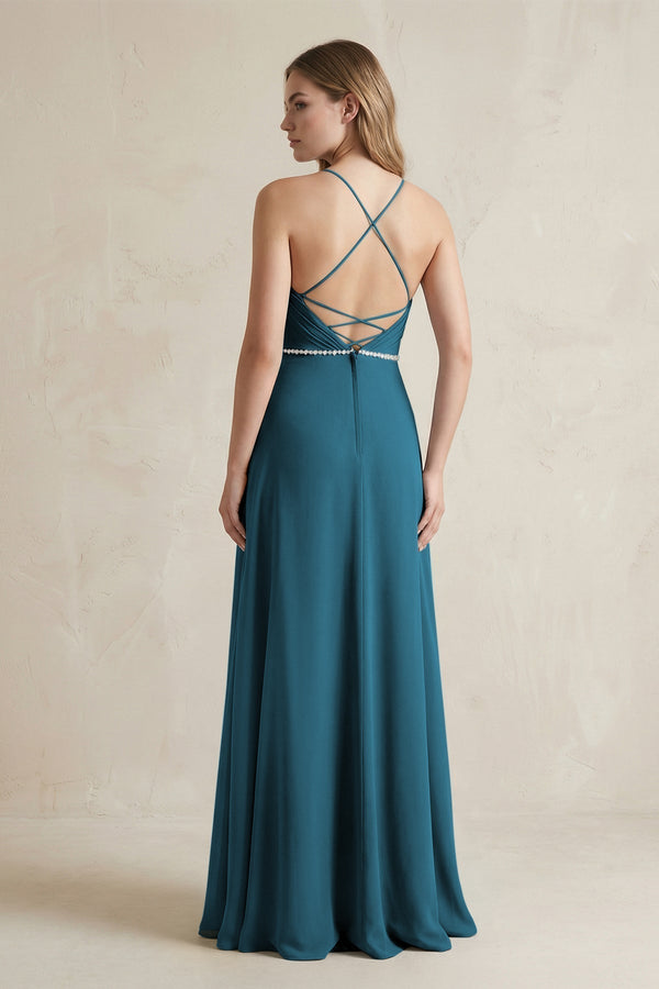 Chiffon A - Line Ruched Cami Strap Bridesmaid Dress in Dark Teal - KissProm Bridesmaid Dresses