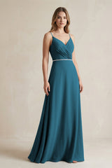 Chiffon A - Line Ruched Cami Strap Bridesmaid Dress in Dark Teal - KissProm Bridesmaid Dresses
